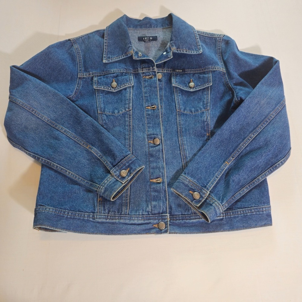 Vintage IZOD Blue Denim Jean Trucker Jacket Women's Size L Classic Button Front - Picture 6 of 11